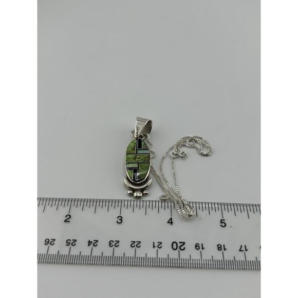 Native American Made Inlayed Green Turquoise/Onyx/Opal Sterling Silver Necklace - Picture 7 of 8